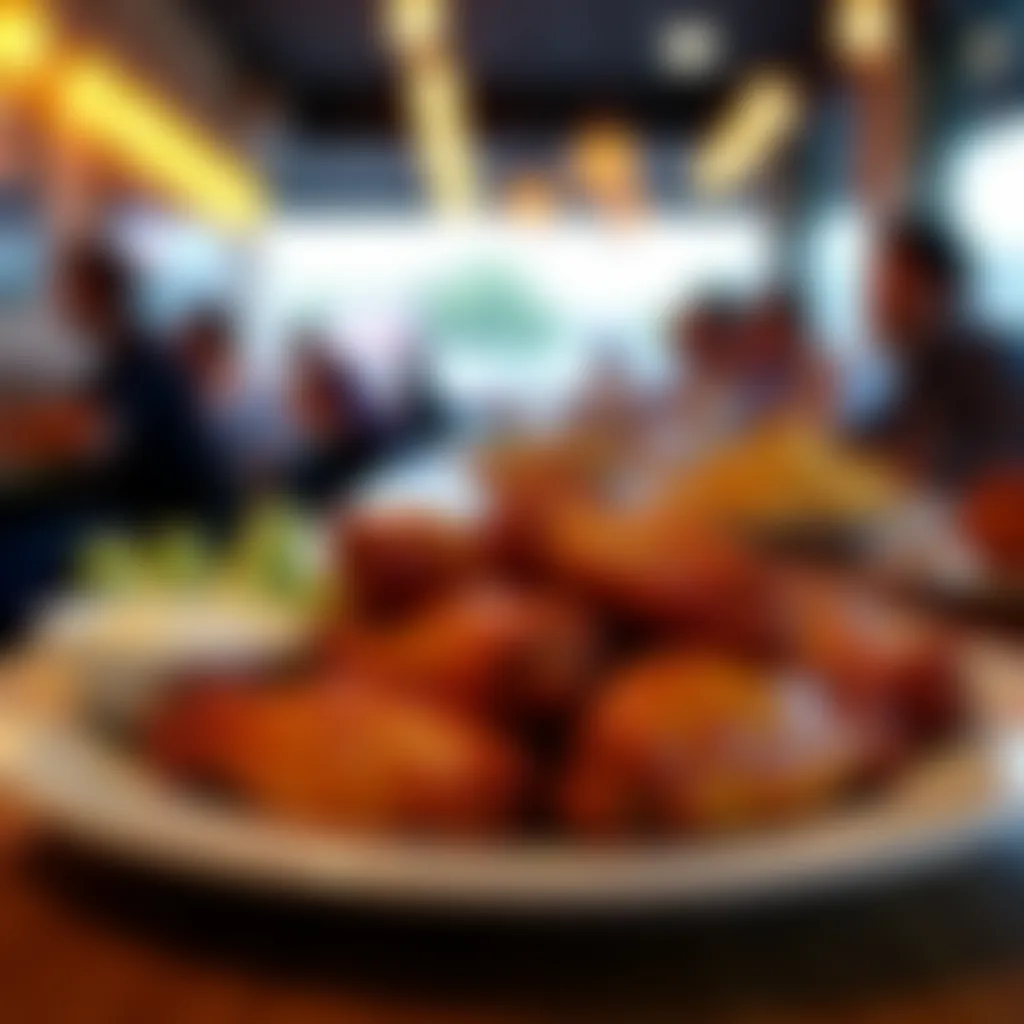 A bustling restaurant atmosphere with customers enjoying wings