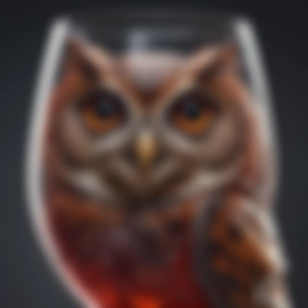 A close-up of Winking Owl wine glass filled with a rich red liquid