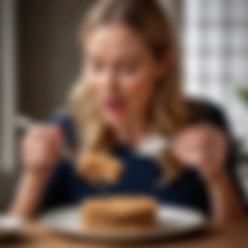 A woman holding a fork while taking a bite of a delicious flapjack