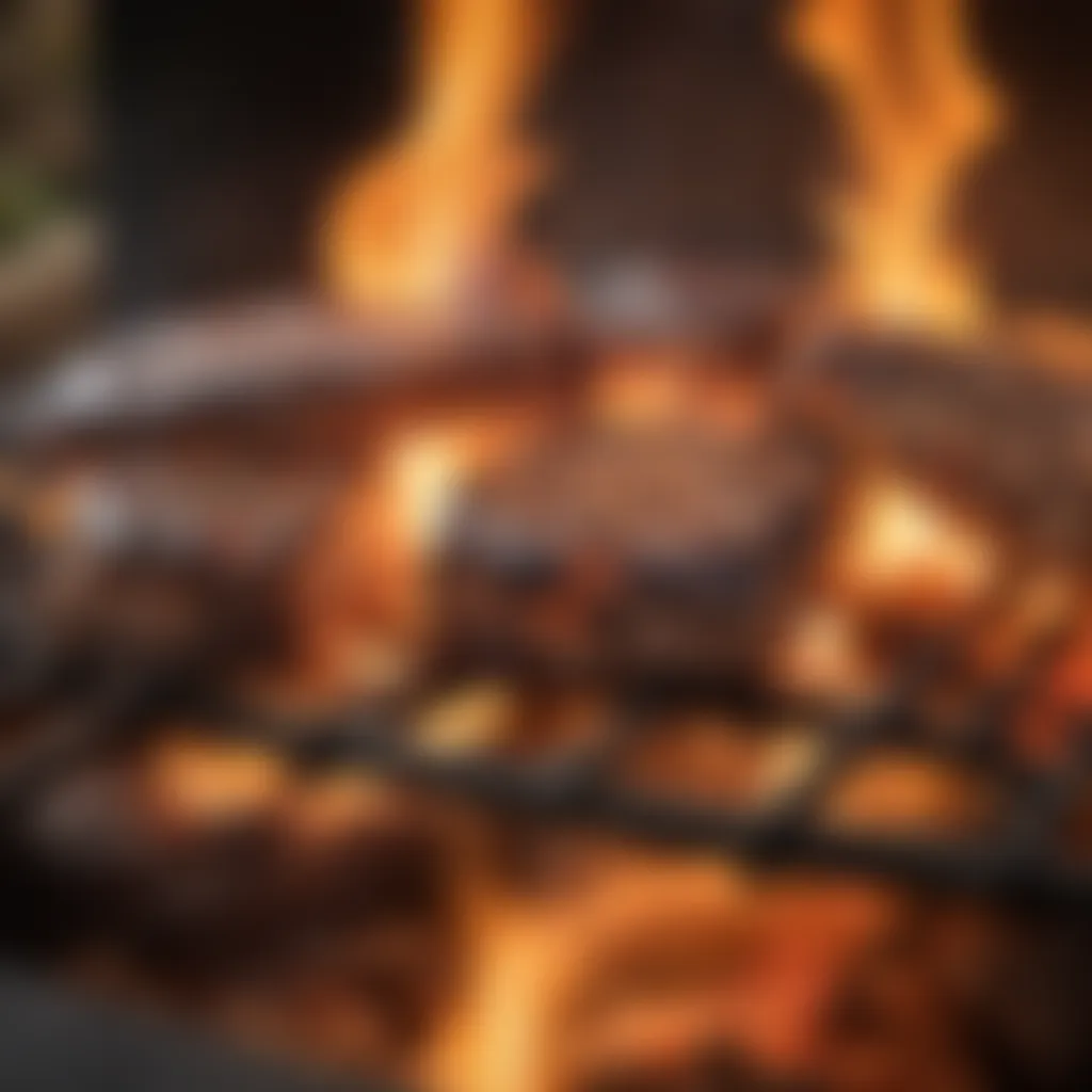 A close-up of flames dancing within a wood fire grill