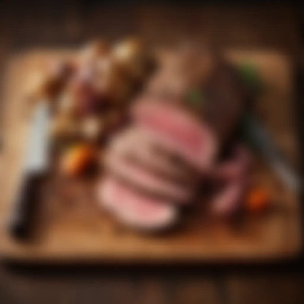 Tender leg of lamb resting on a wooden cutting board with a sharp knife