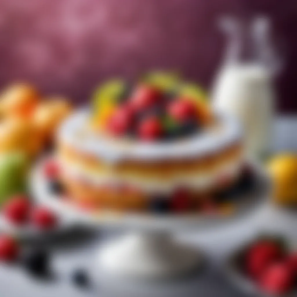 Adorning the yogurt cake with fresh, vibrant fruits Elegant yogurt cake garnishing with fresh fruits